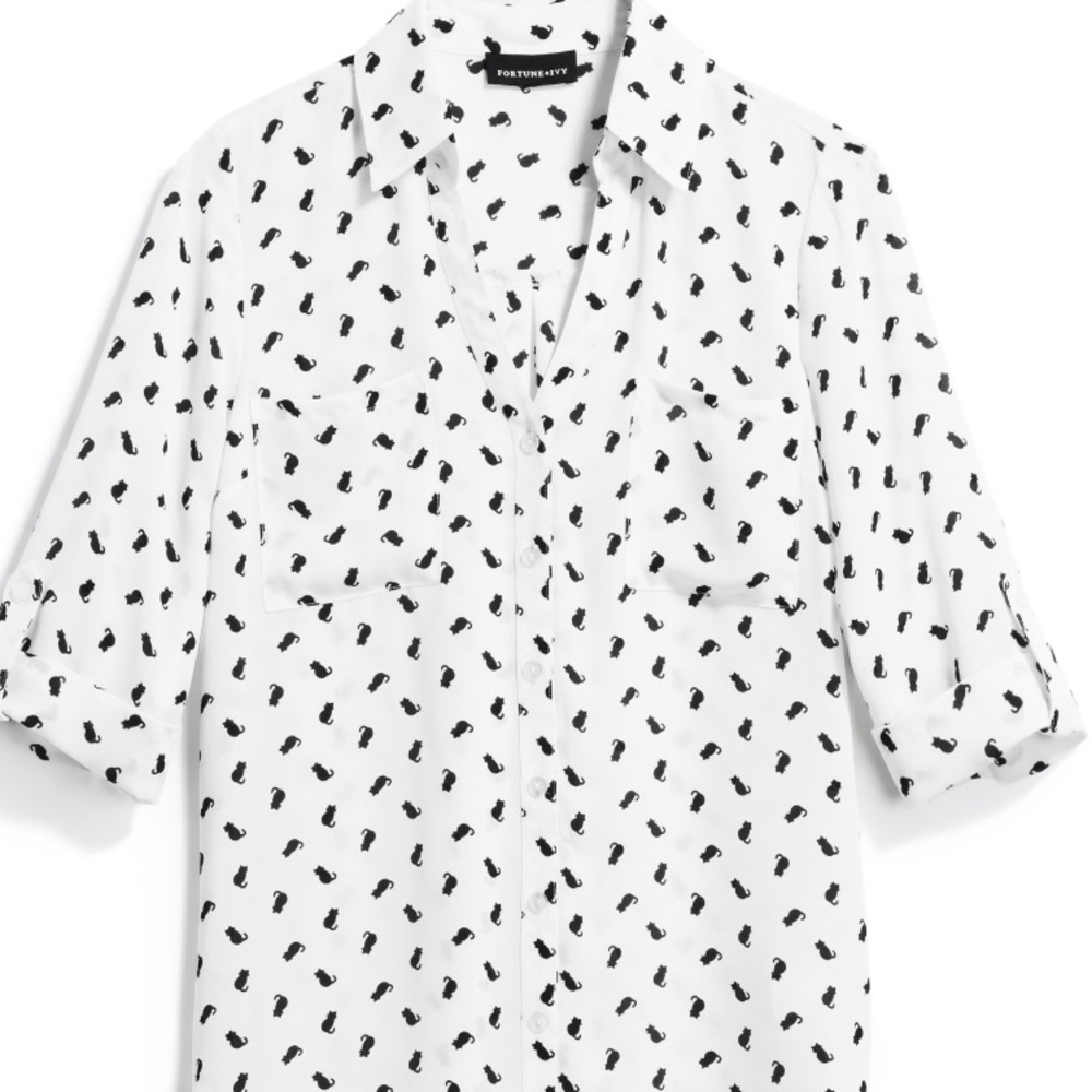 Fortune + Ivy black cat button down blouse